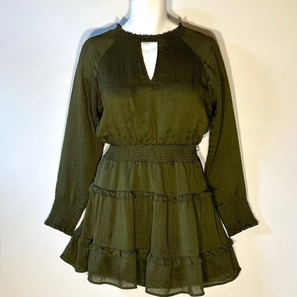 Glam SZ M Olive Smocked & Tiered Dress Boho dressy career Woodland - Picture 1 of 9